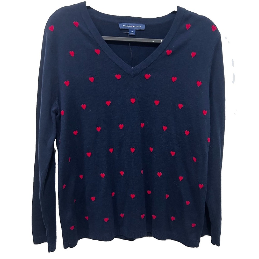 NWT Tommy Hilfiger Womens Medium‎ Navy Heart V Neck Sweater Red Hearts